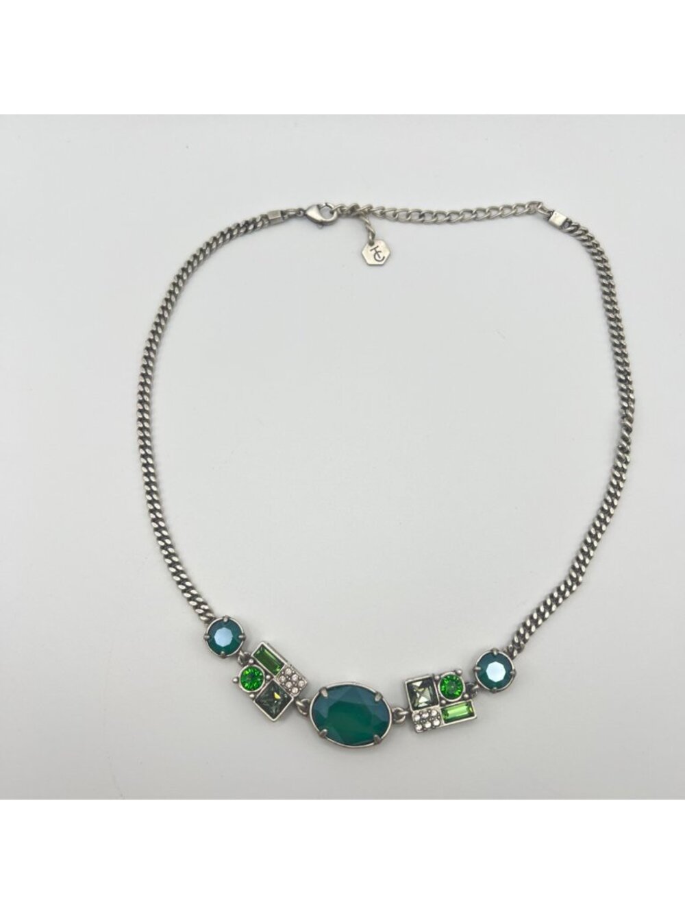 Touchstone Crystal By Swarovski Necklace Green Blue Geometric Silver-Tone 17.5"
